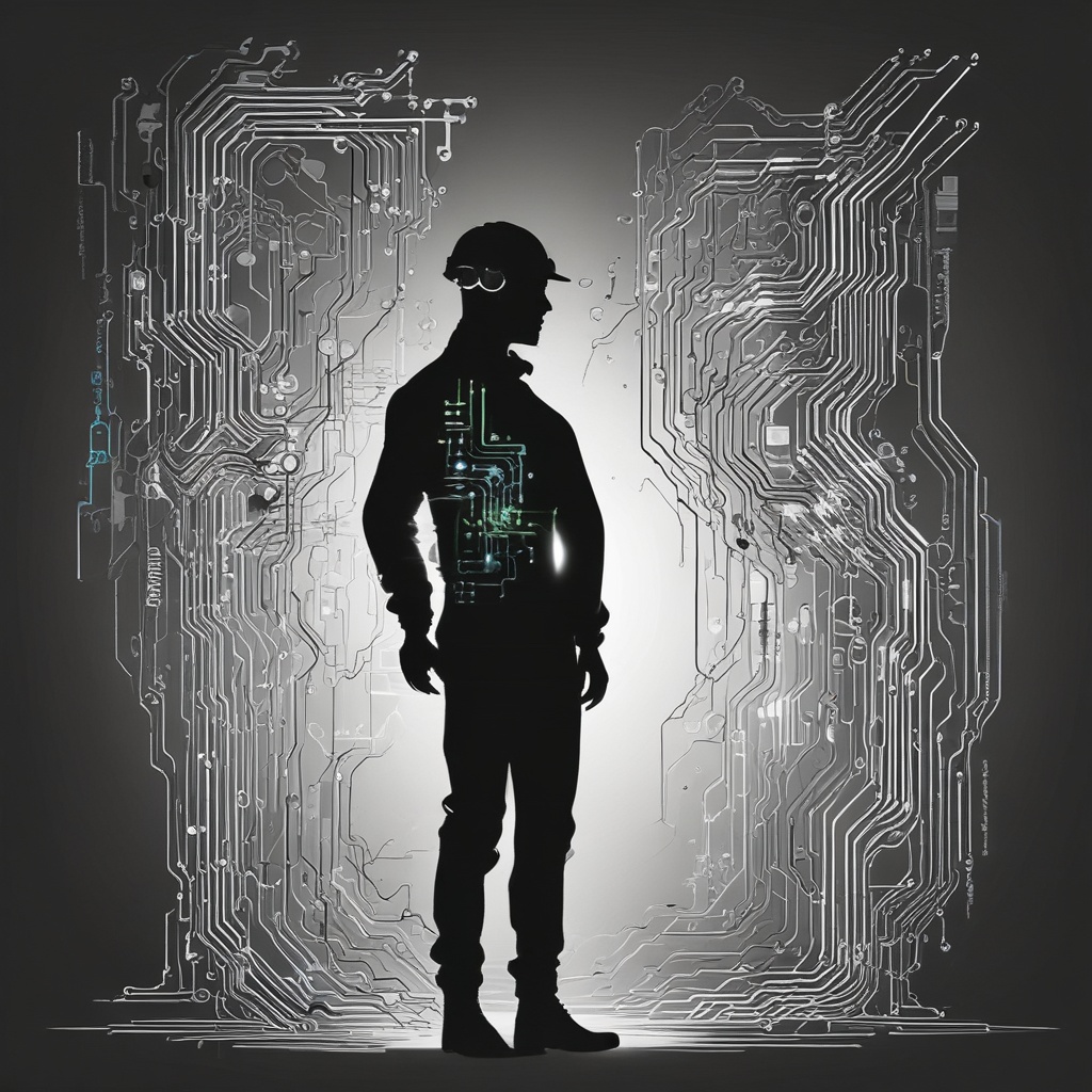 A silhouette of an engineer with cyber technology
